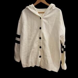 White‎ Knit Hooded Cardigan Button Front Sweater Black Sleeve Stripes Women's L
